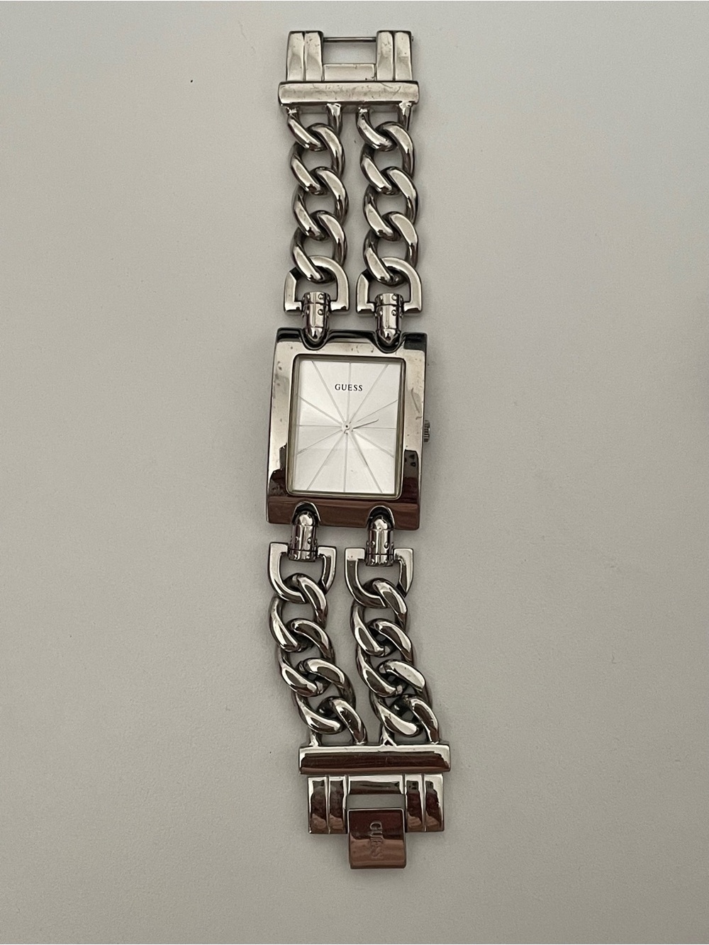GUESS Silver-Tone Chain Link Bracelet Watch with White Dial